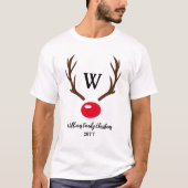 T-shirt Monogramme Reindeer Antler Rouge Nez Famille Noël (Devant)