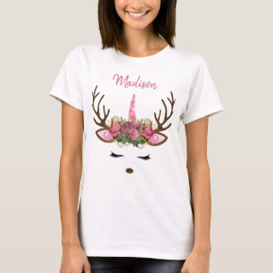 T-shirt Monogramme rose et or Noël Unicorn Reindee