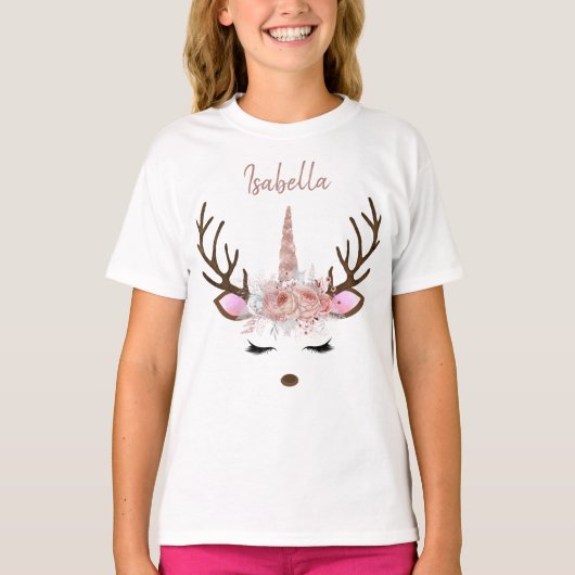 T-shirt Monogramme rose pâle Noël Unicorn Reindee (Devant)