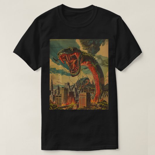 T-shirt Monster Retro Python Snake Attaquer City Building (Design devant)