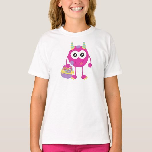T-shirt Monstre De Printemps, Monstre Rose, Cornes, Fleurs (Devant)