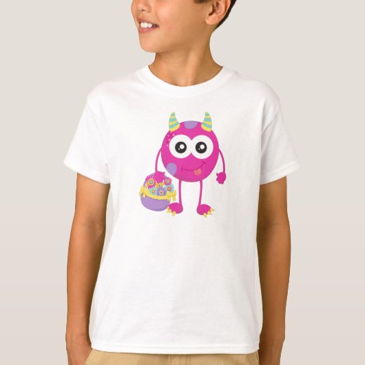 T-shirt Monstre De Printemps, Monstre Rose, Cornes, Fleurs (Devant)