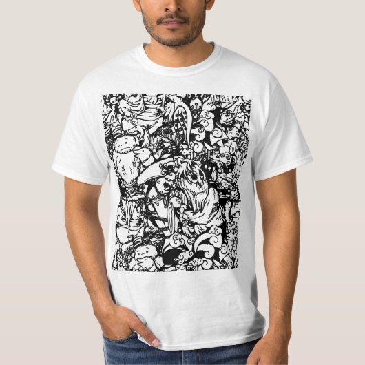 T-shirt Monstres mignons et poupées vaudou en noir et blan (Devant)
