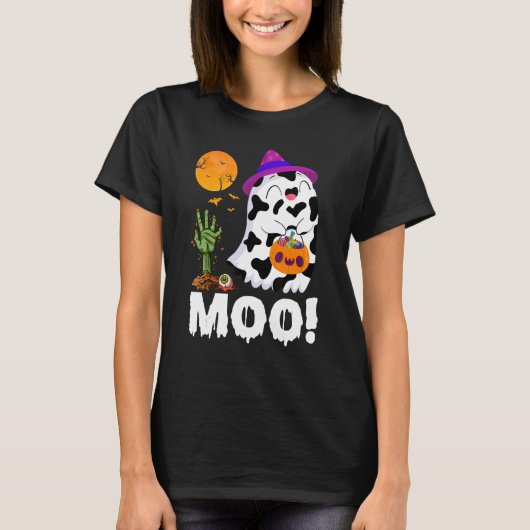 T-shirt Moo Ghost Cow & Witch Casquette Happy Halloween Co (Devant)