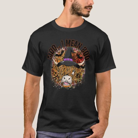 T-shirt Moo I Mean Boo Halloween Highland Cow Witch Hat (Devant)