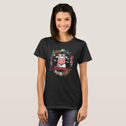T-shirt Moo maman mignonne vache Bow Cravate Fleurs de la  (Devant entier)