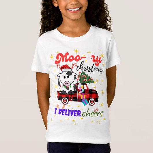 T-Shirt Moo-ry Christmas Cow in Plaid Truck Holiday design (Devant)