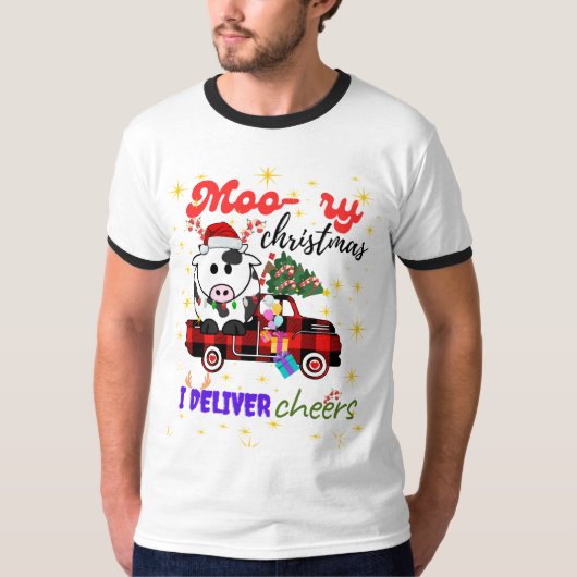 T-shirt Moo-ry Christmas Cow in Plaid Truck Holiday design (Devant)