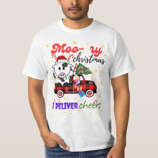 T-shirt Moo-ry Christmas Cow in Plaid Truck Holiday design (Devant)