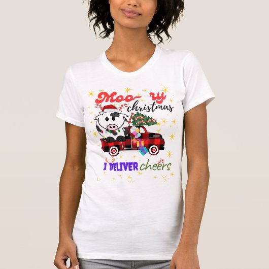 T-shirt Moo-ry Christmas Cow in Plaid Truck Holiday design (Devant)