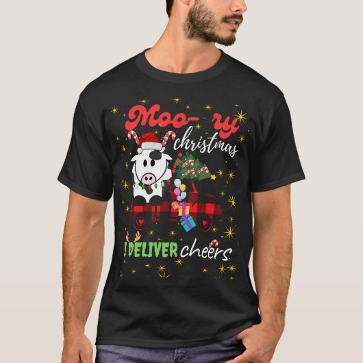 T-shirt Moo-ry Christmas Cow in Plaid Truck Holiday design (Devant)