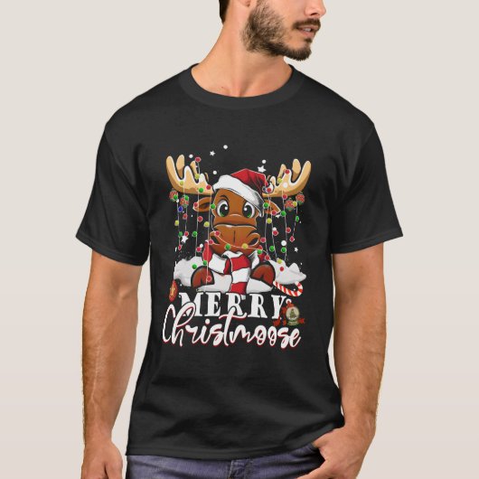 T-shirt Moose Joyeux Christmoose Arbre Oie Lumière Laide (Devant)
