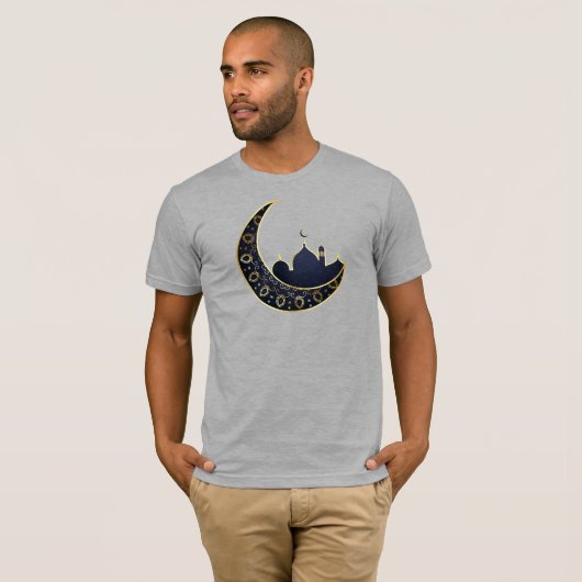 T-shirt Mosquée Croissant Lune Ramadan, bleu, or (Devant entier)