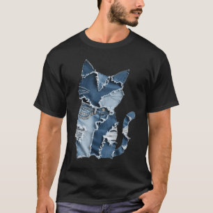 T-shirt Motif de chat mignon patchwork en jean pour amoure