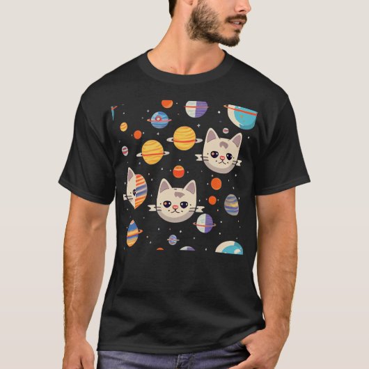 T-shirt Motif De Chats Visages Dans L'Espace (Devant)