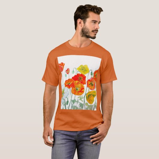 T-shirt Motif de fleur de pavot rouge orange aquarelle mar (Devant entier)