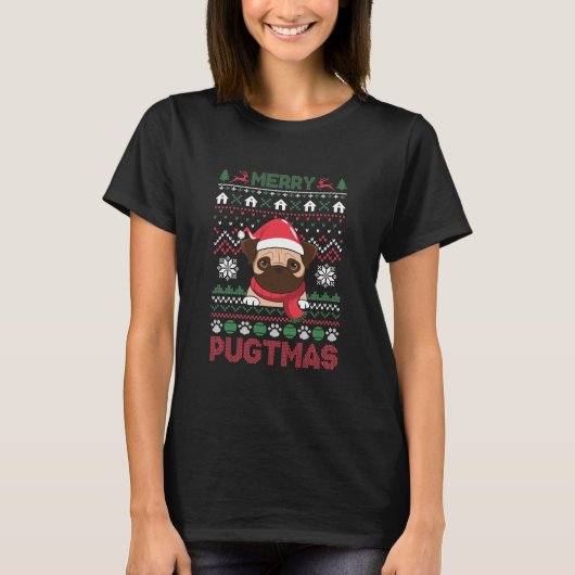 T-shirt Motif de pull moche de Pugmas joyeux (Devant)