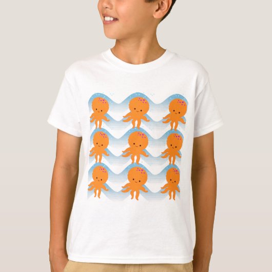 T-shirt Motif Octopus Orange Et Vagues Bleues (Devant)