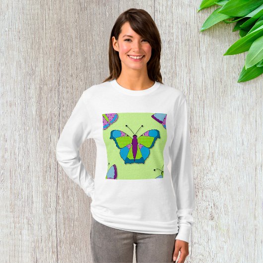 T-shirt Motif Papillon Patchwork sur Fond Vert
