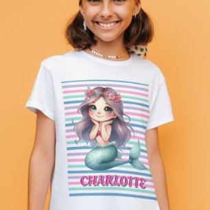 T-shirt Motif rayé de sirène rose personnalisé 