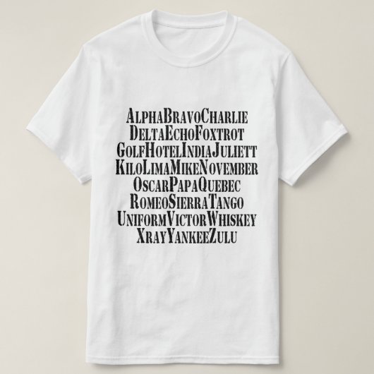 T-SHIRT MOTS ALPHABET PHONÉTIQUE / CODE (Design devant)