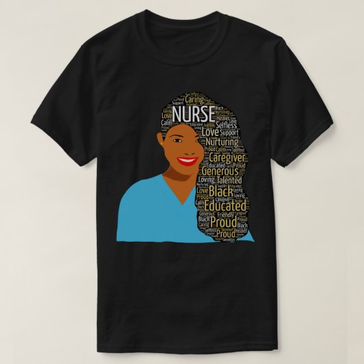 T-shirt Mots de l'infirmière noire dans les cheveux d'Afro (Design devant)