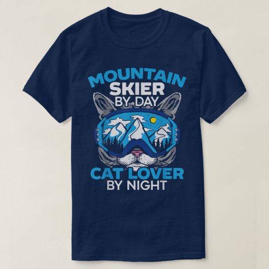 T-shirt Mountain Skier By Day Cat Lover By Night Kitty Ski (Design devant)