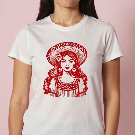 T-shirt Mujer Mexicana Minimal Red Line Art