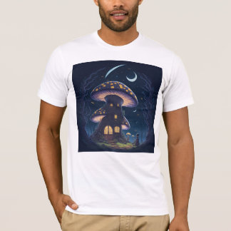 T-shirt Mushroom House Under a Crescent Moon  