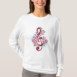 T-shirt Musical treble clef notes with sakura flowers