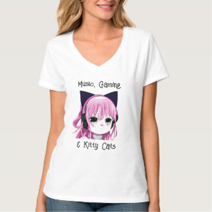 T-shirt Musique, jeux et chats Kitty Anime Girl