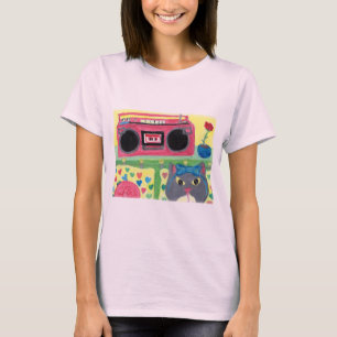 T-shirt My Room Boombox Girl Cat Folk Art mignon Ado