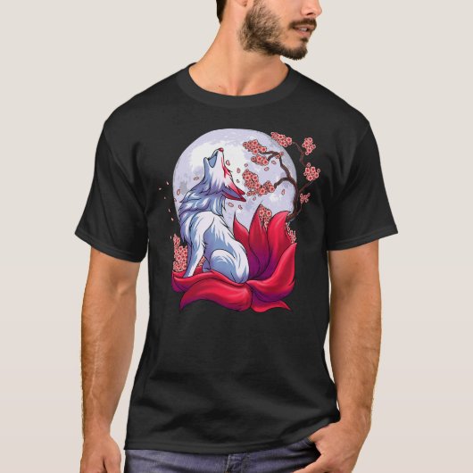 T-shirt Mystical Nine-Tailed Fox Under Moon Cherry Blossom (Devant)