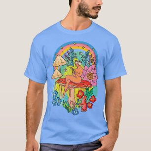 T-shirt Mystique Floral Champignons Girl avec chat Rainbow