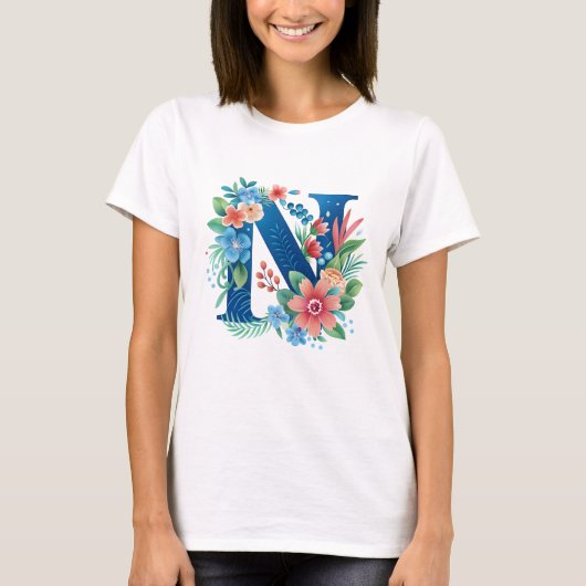T-shirt N monogramme bleu avec fleurs (Devant)