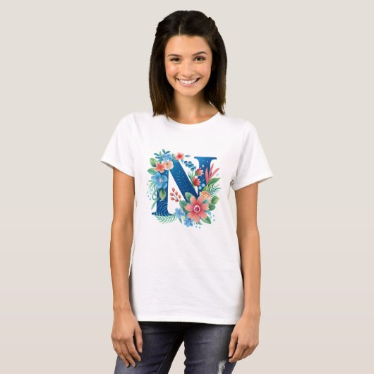 T-shirt N monogramme bleu avec fleurs (Devant entier)