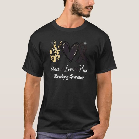T-shirt Narcolepsy Awareness Peace Love Hope Black Ribbon (Devant)