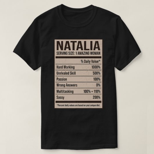 T-shirt Natalia Nutrition Facts Nom Pseudo Alias Titre (Design devant)
