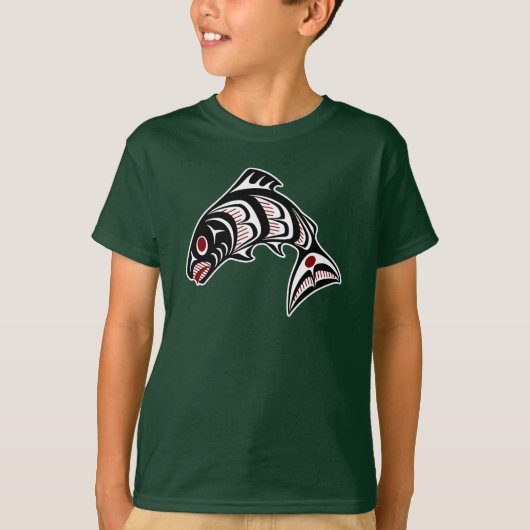 T-shirt Native American Red Black White Haida Art Salmon (Devant)