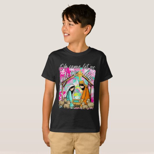 T-shirt Nativity Scene Oh Come Let Us Adore Him Christmas (Devant entier)
