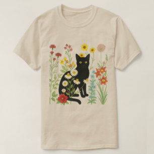 T-shirt Nature botanique – Chat noir dans un jardin de fle