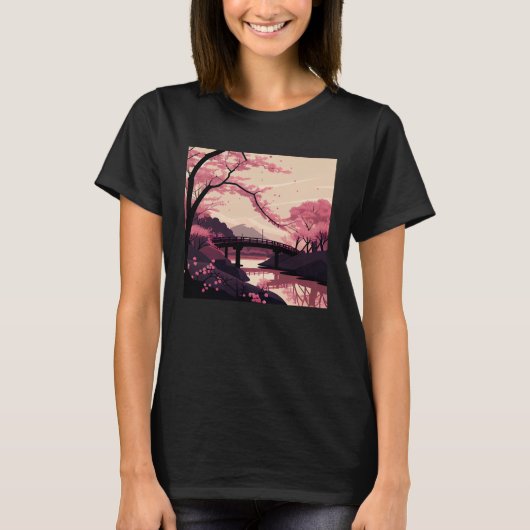 T-shirt Nature Inspired Cherry Blossom River and Bridge (Devant)