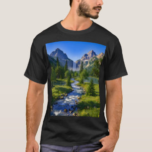 T-shirt Nature Montagnes Cascade Rivière Arbres Fleurs
