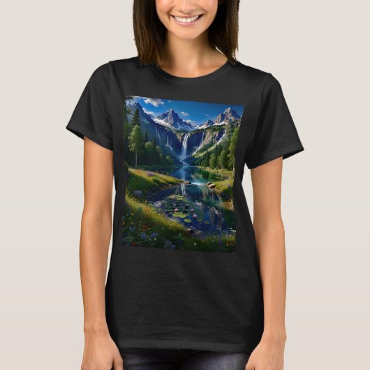 T-shirt Nature Scene Mountains Waterfalls Lake Pond Trees (Devant)