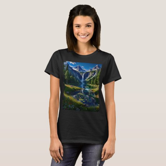 T-shirt Nature Scene Mountains Waterfalls Lake Pond Trees  (Devant entier)