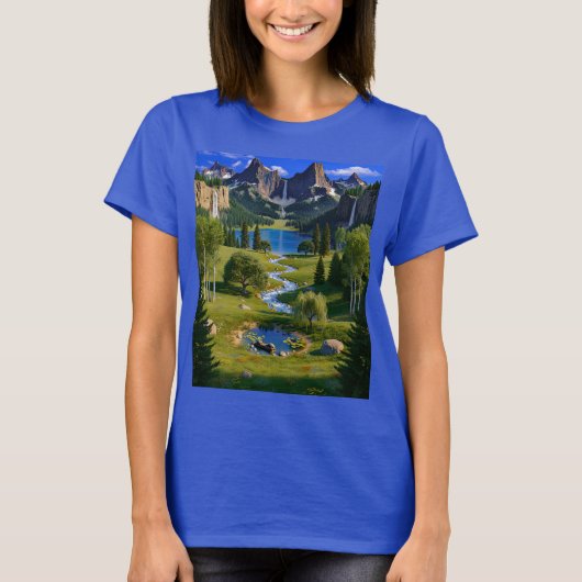 T-shirt Nature Scene Mountains Waterfalls Lake Stream Pond (Devant)