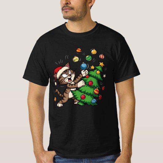 T-shirt Naughty Christmas Cat – Funny Cat Knocking On Tree (Devant)
