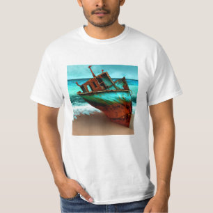 T-shirt Navire abandonné sur une plage de sable