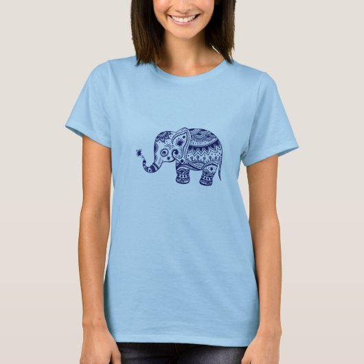 T-shirt Navy Blue Tones Cute Flower Elephant (Devant)