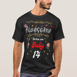 T-shirt Né le Juillet 14 anniversaire Fleurs & Butterf